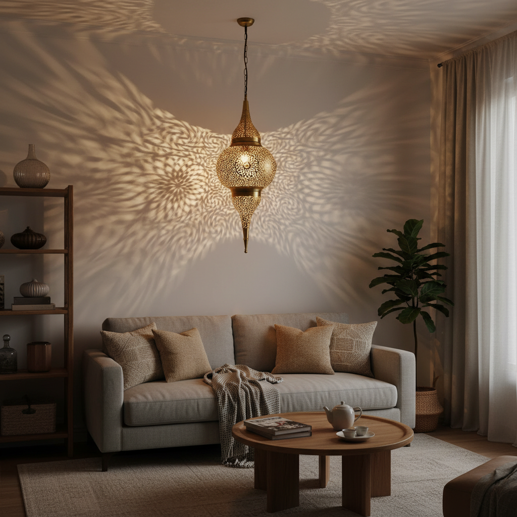 Moroccan Brass Pendant Light – Perforated Hanging Lantern Ceiling Lamp