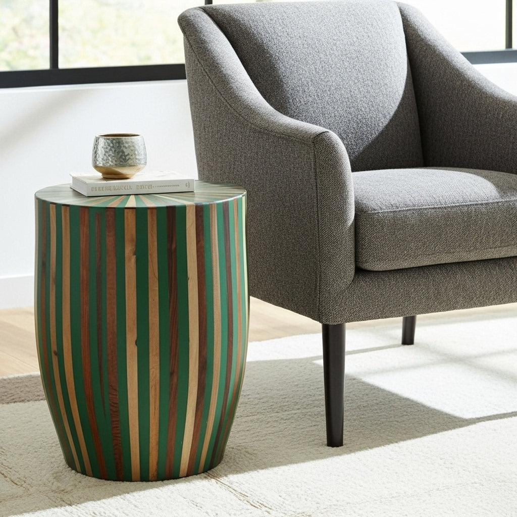 Handcrafted Green Resin & Wood Striped Side Table