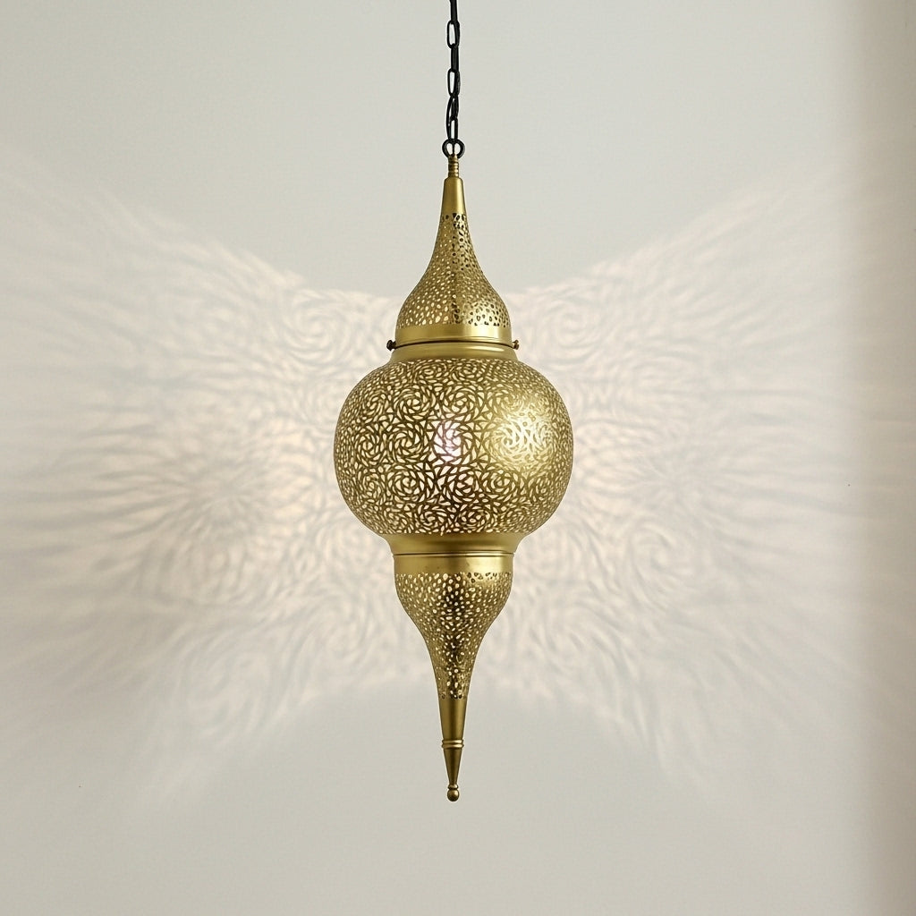 Moroccan Brass Pendant Light – Perforated Hanging Lantern Ceiling Lamp