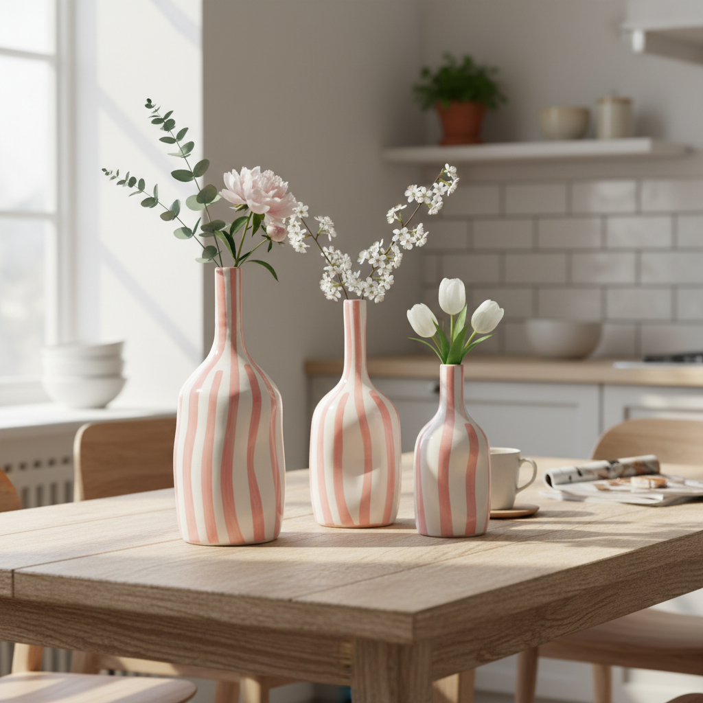 Handmade Ceramic Vase – Soft Pink Striped Modern Pottery Bottle