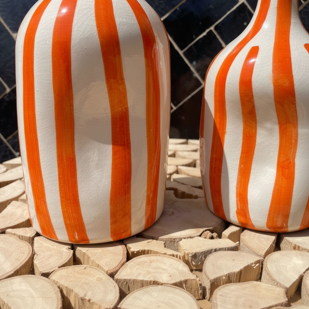 Handmade Ceramic Vase – Modern Orange Striped Pottery Bottle Décor