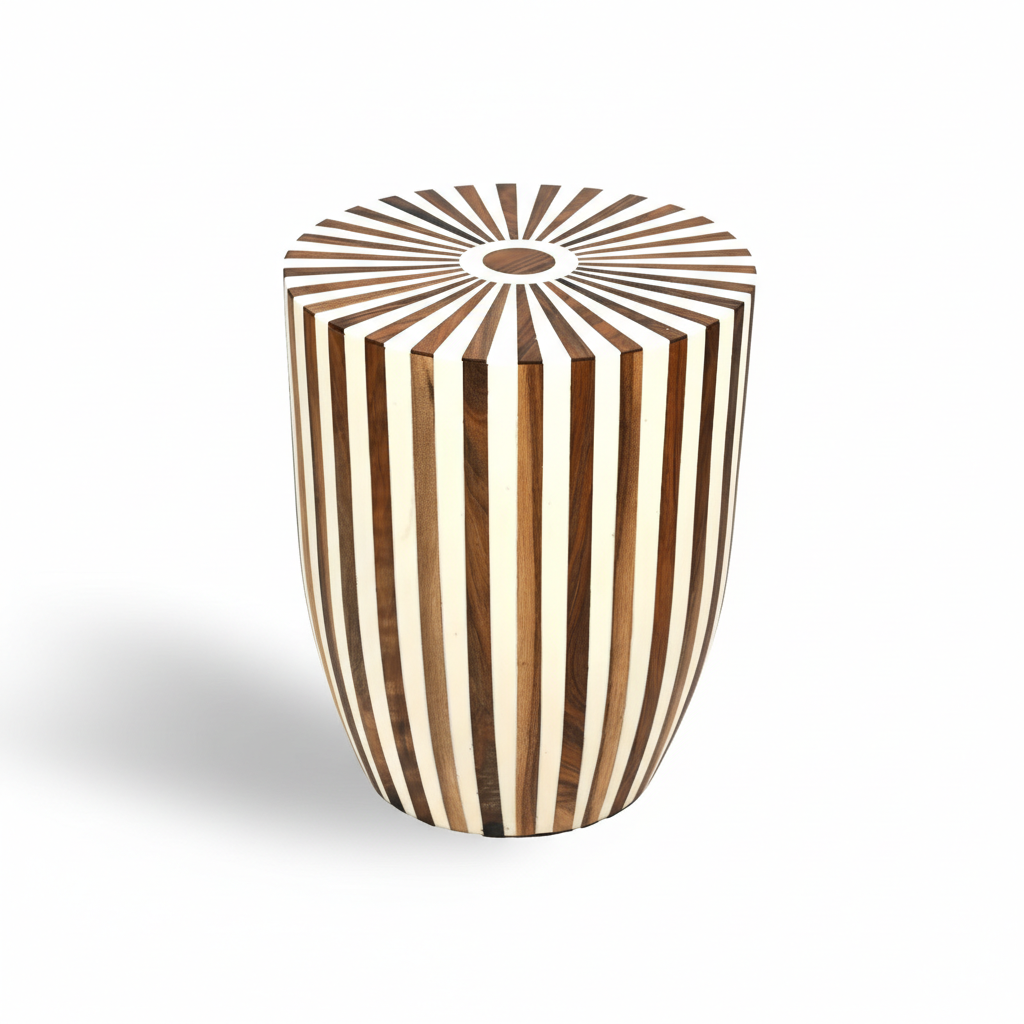 Wooden stool with striped pattern on a white background