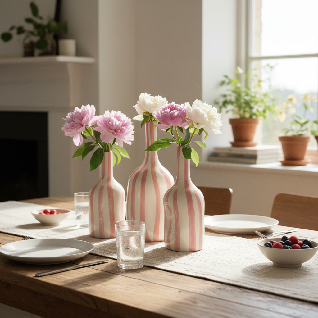 Handmade Ceramic Vase – Soft Pink Striped Modern Pottery Bottle