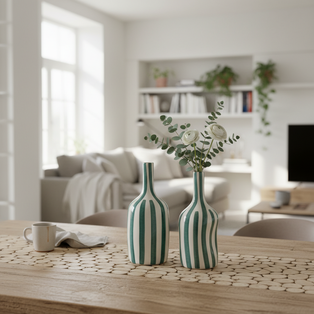 Handmade Ceramic Vase – Green Striped Modern Pottery Bottle