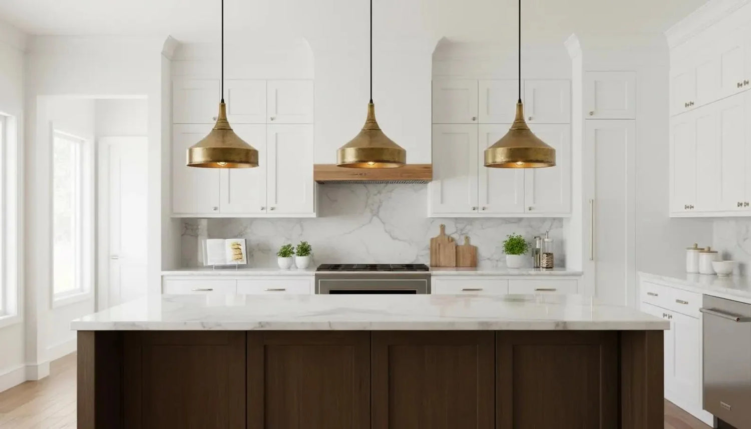 Aged Brass Dome Pendant Light - Antique Kitchen Island Hanging Lamp