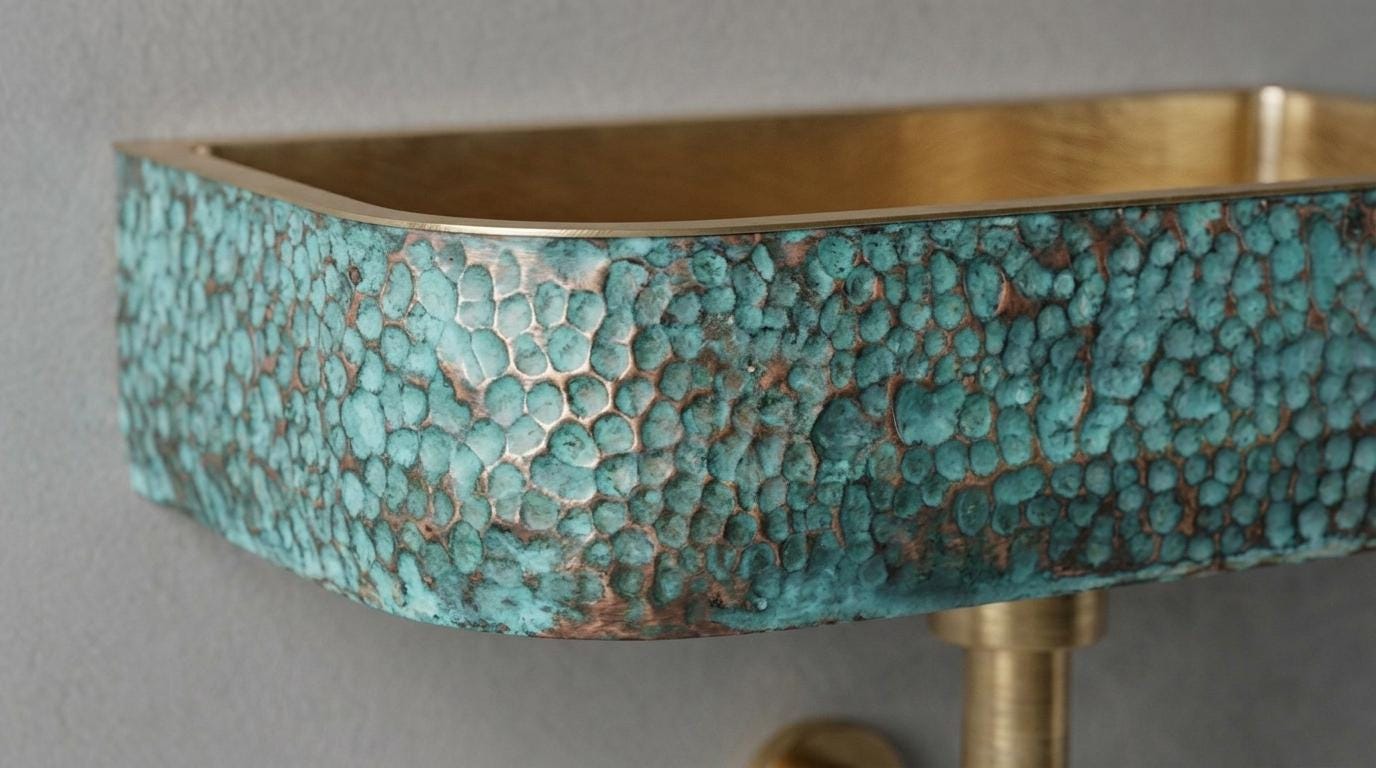 Aged Brass Sink, Green Patina Wall Mount Basin - Hammered Rustic Washbasin, Custom Verdigris Floating Vanity, Powder Room Sink