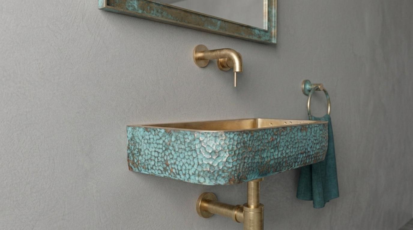Aged Brass Sink, Green Patina Wall Mount Basin - Hammered Rustic Washbasin, Custom Verdigris Floating Vanity, Powder Room Sink