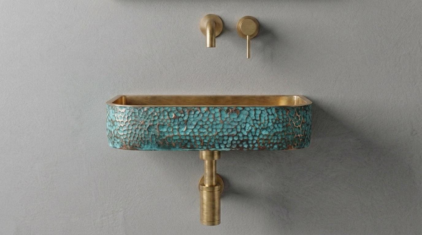 Aged Brass Sink, Green Patina Wall Mount Basin - Hammered Rustic Washbasin, Custom Verdigris Floating Vanity, Powder Room Sink