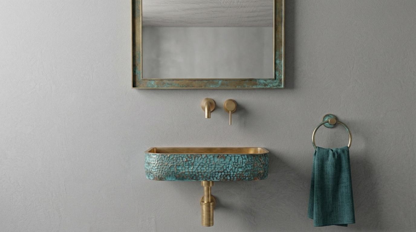 Aged Brass Sink, Green Patina Wall Mount Basin - Hammered Rustic Washbasin, Custom Verdigris Floating Vanity, Powder Room Sink