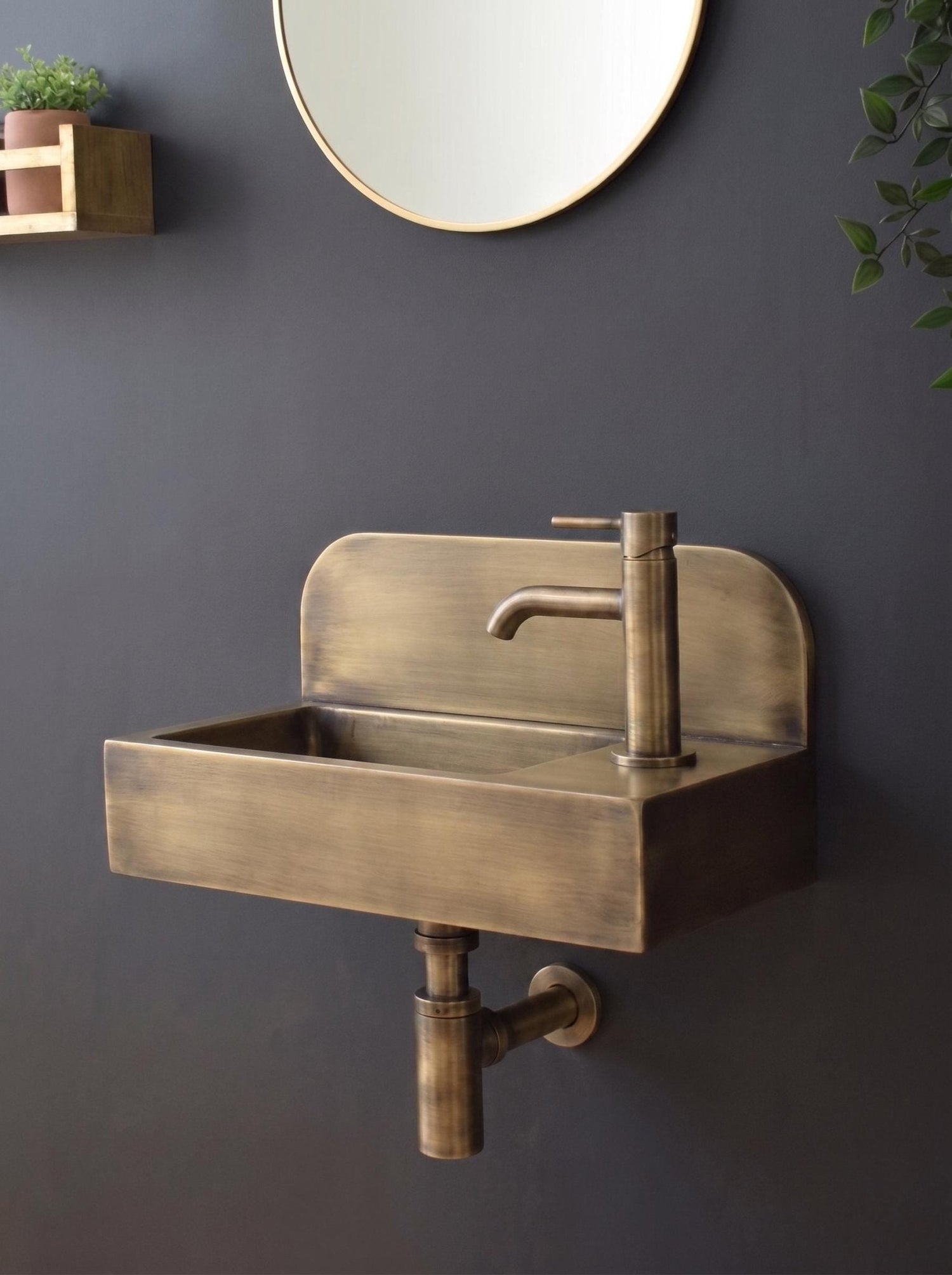 Aged Brass Wall Mounted Sink, Handmade  Bathroom Basin, Luxury Powder Room Sink With Faucet & Bottle Trap Space Powder Room Sink