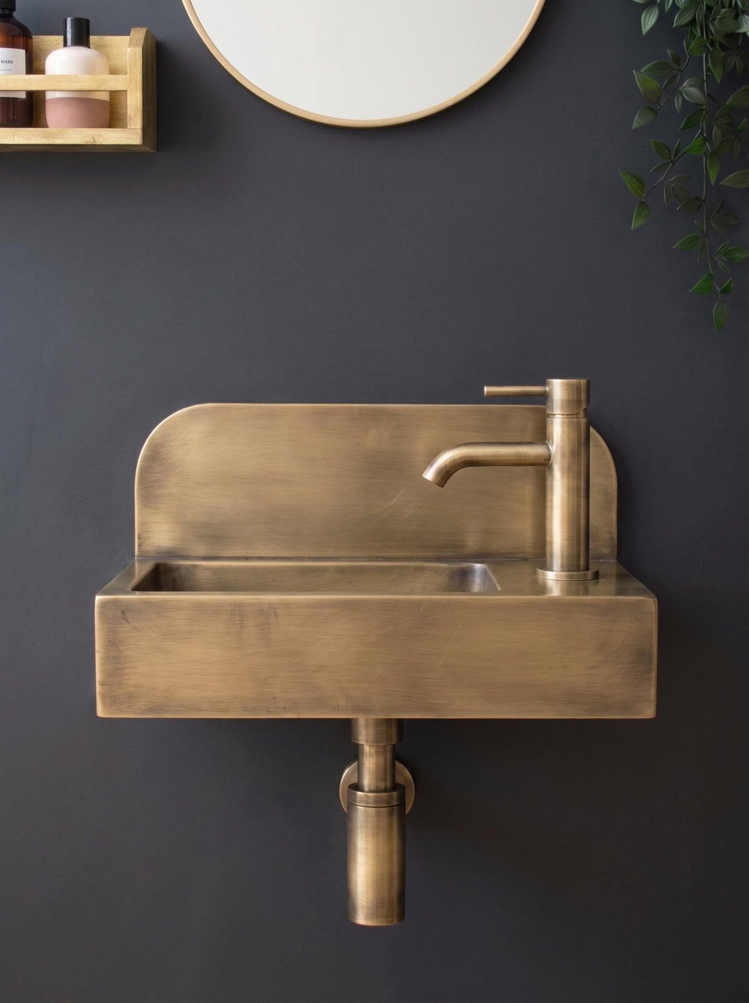 Aged Brass Wall Mounted Sink, Handmade  Bathroom Basin, Luxury Powder Room Sink With Faucet & Bottle Trap Space Powder Room Sink