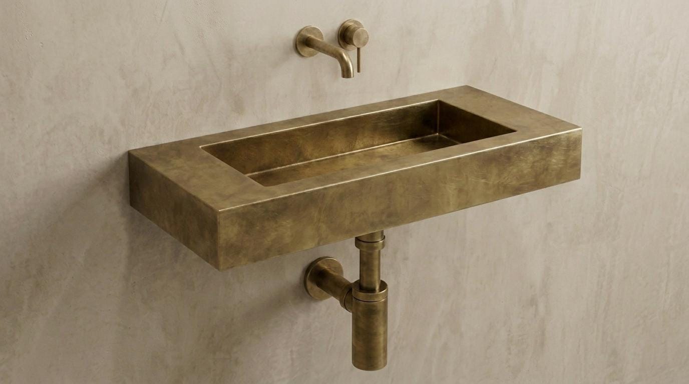 Aged Brass Wall Mounted Sink, Handmade Rectangular Bathroom Basin, Luxury Powder Room Sink With Faucet & Bottle Trap