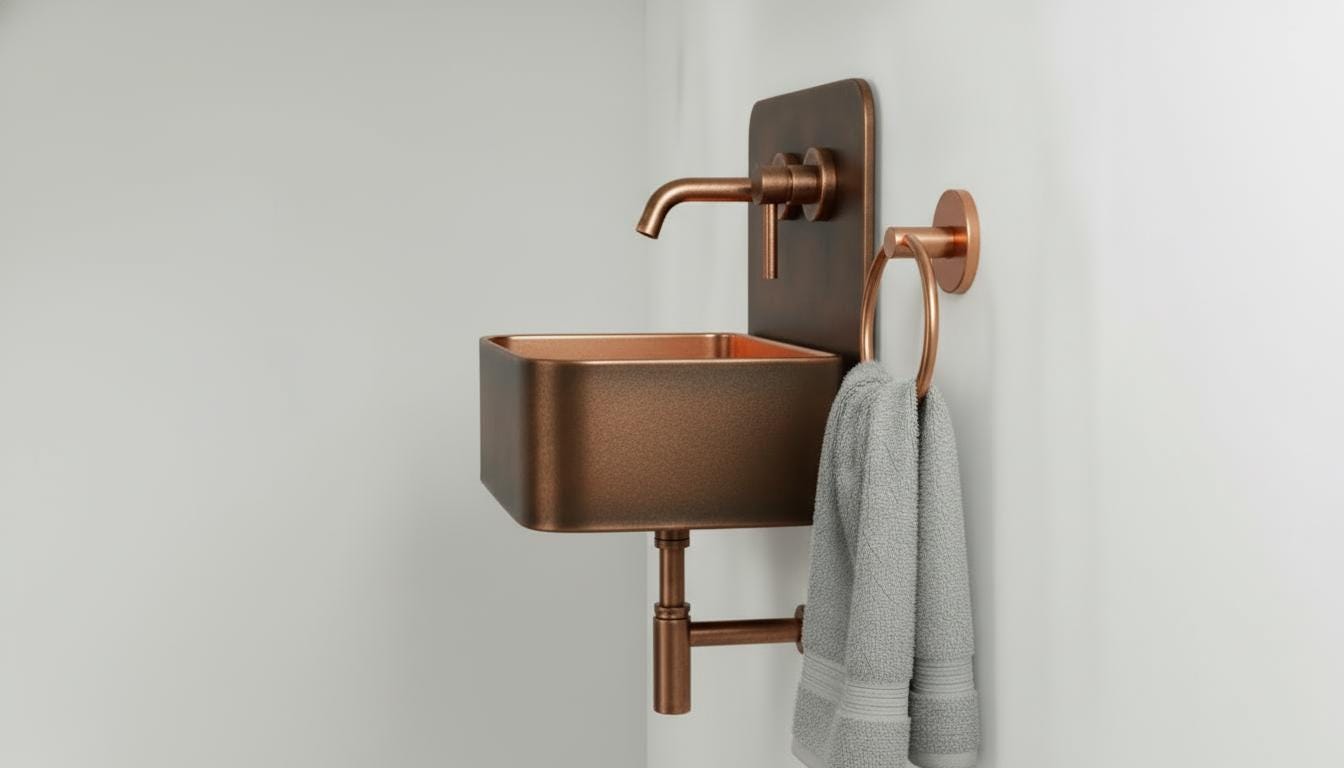 Aged Copper & Rose Gold Wall Mounted Sink - Handcrafted Floating Bathroom Basin - Modern Farmhouse Decor