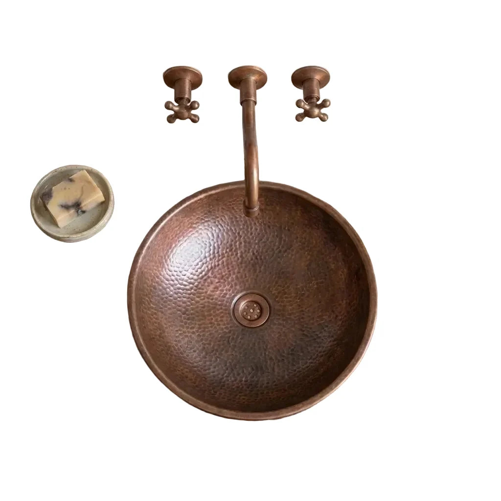 Aged Copper Vessel Sink – Hand Hammered Round Bathroom Vanity Basin