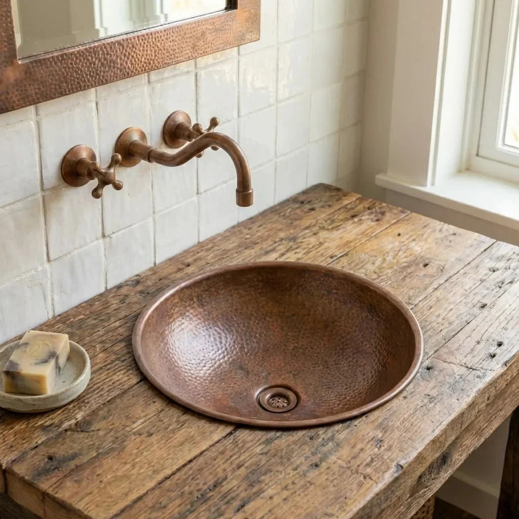 Aged Copper Vessel Sink – Hand Hammered Round Bathroom Vanity Basin