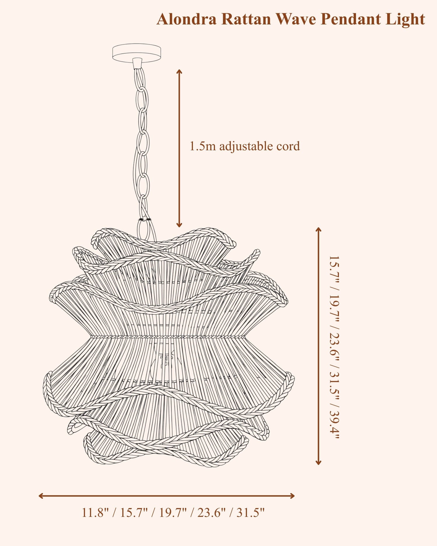 Alondra Rattan Wave Pendant Light – 5 Bulbs – Wavy Shade