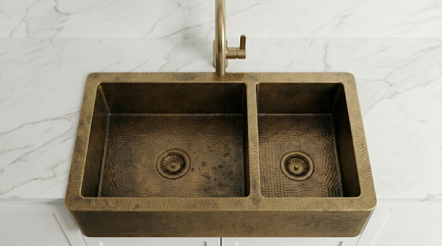 Antique Brass Farmhouse Sink - Double Bowl Hammered Brass Kitchen Sink - Custom Apron Front Kitchen Basin - Handcrafted Luxury Metal Sink