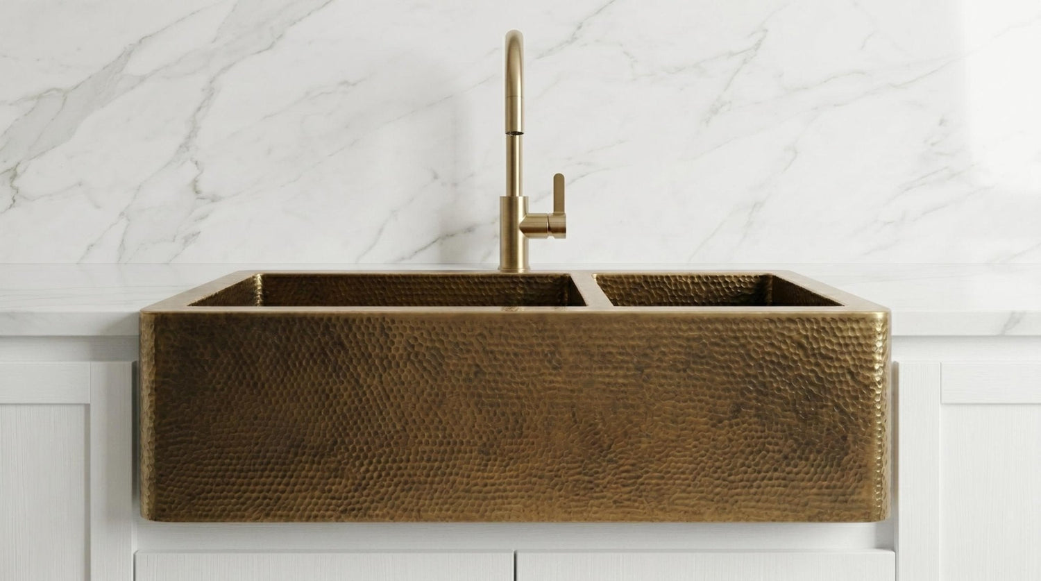 Antique Brass Farmhouse Sink - Double Bowl Hammered Brass Kitchen Sink - Custom Apron Front Kitchen Basin - Handcrafted Luxury Metal Sink