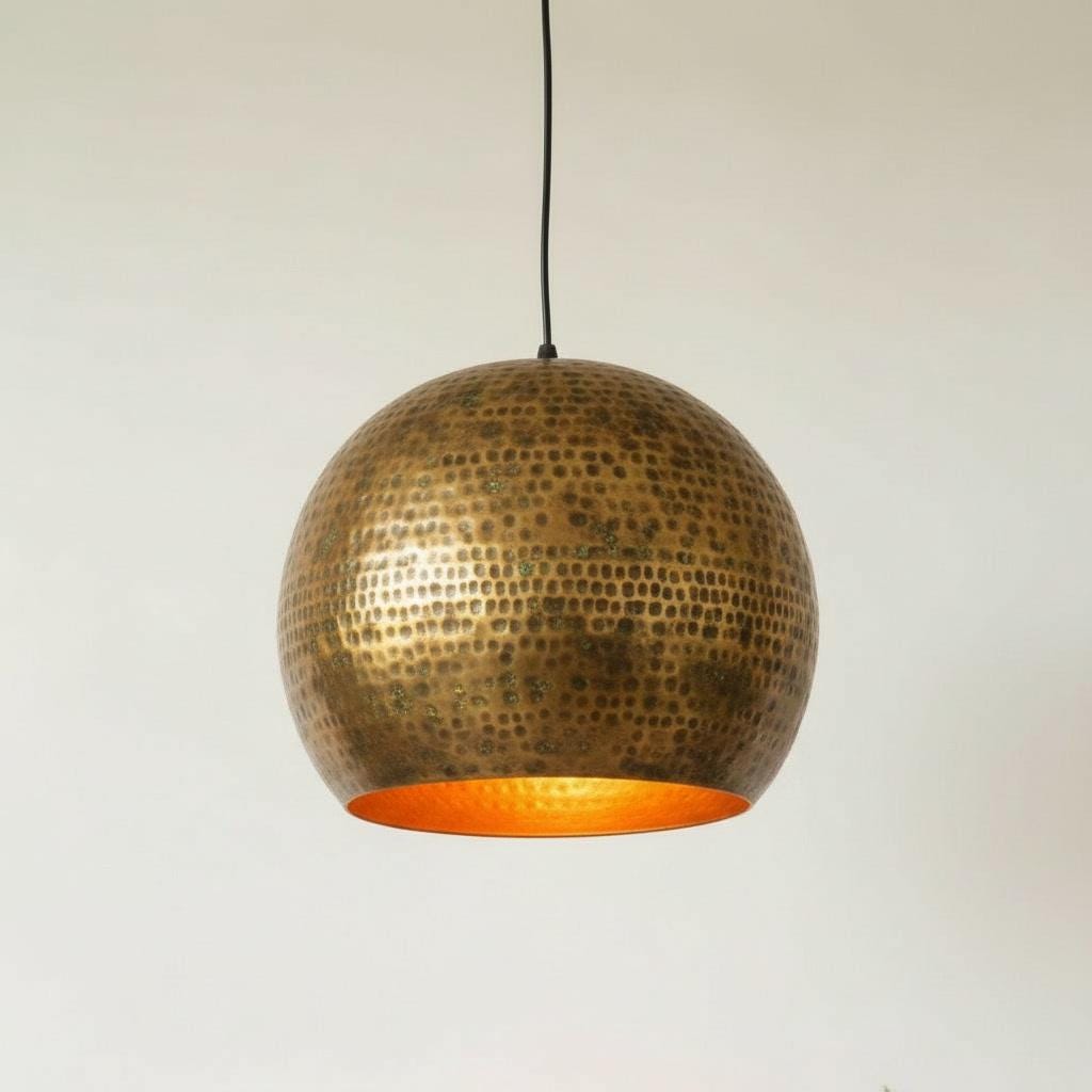 Antique Brass Hammered Pendant Lamp - Moroccan Dome Ceiling Fixture - Kitchen Island Lighting - Rustic Farmhouse Light - Boho Decor