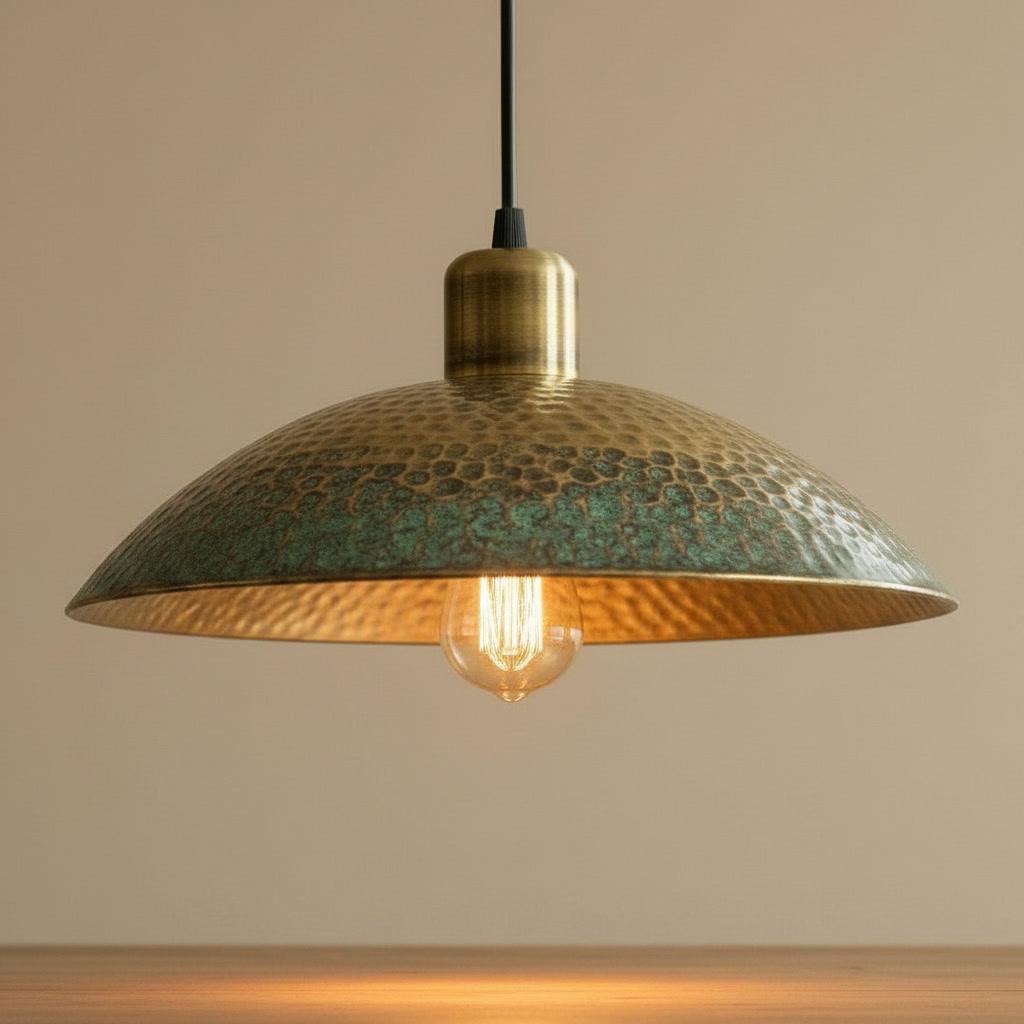 Antique Brass Pendant Light - Green Patina Hammered Dome - Rustic Kitchen Island Chandelier - Wabi Sabi Ceiling Lamp - Farmhouse Fixture