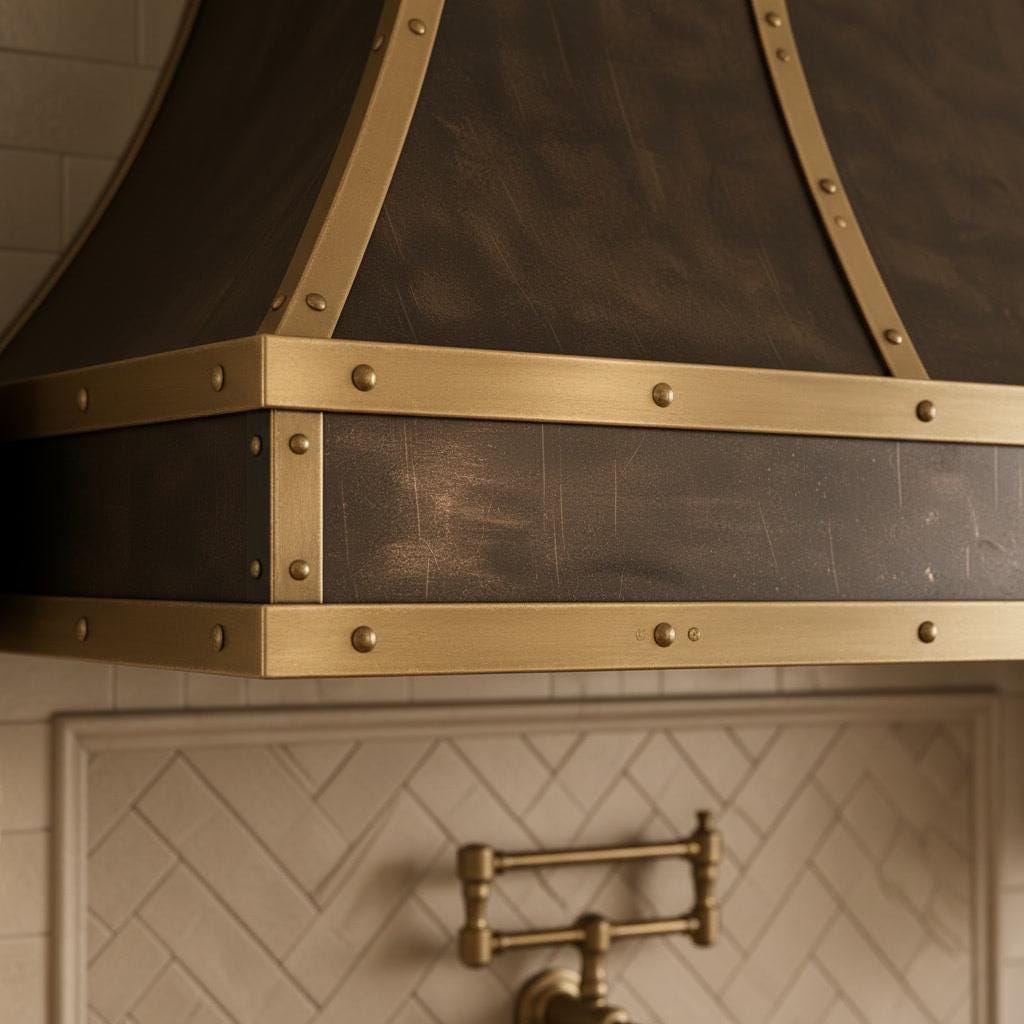 Antique Brass Range Hood, Custom Dark Brass Cooker Hood with Straps, Vintage Kitchen Vent Hood, Rustic Stove Cover, Farmhouse Exhaust
