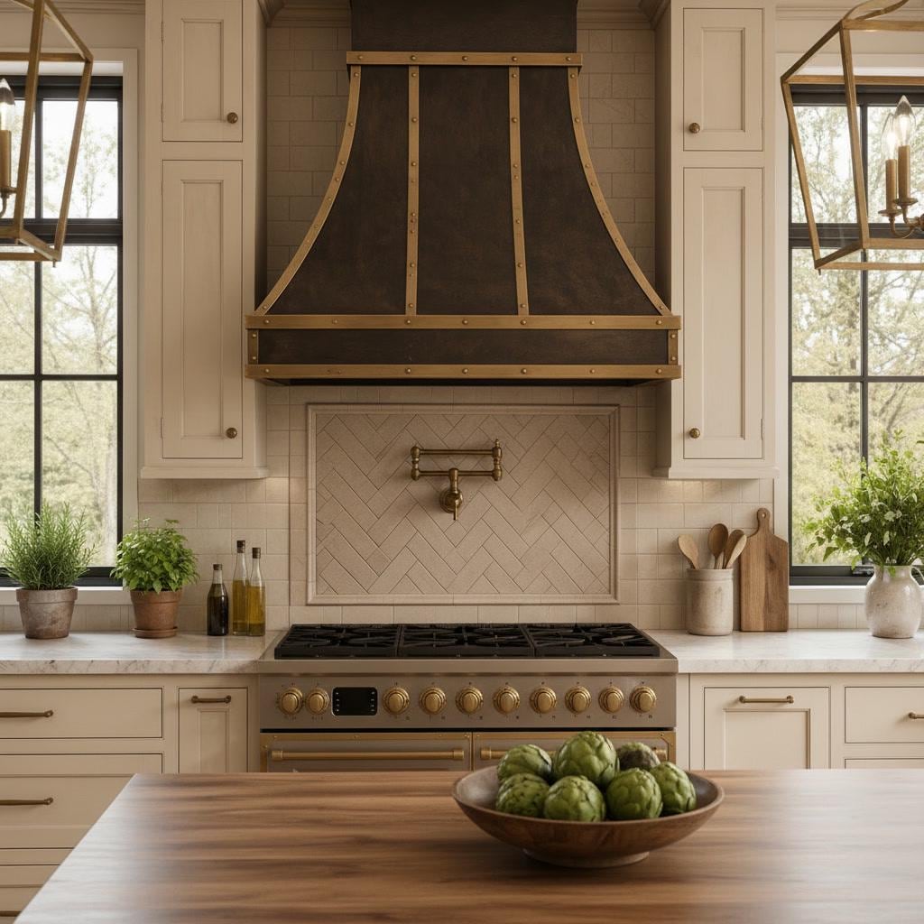 Antique Brass Range Hood, Custom Dark Brass Cooker Hood with Straps, Vintage Kitchen Vent Hood, Rustic Stove Cover, Farmhouse Exhaust