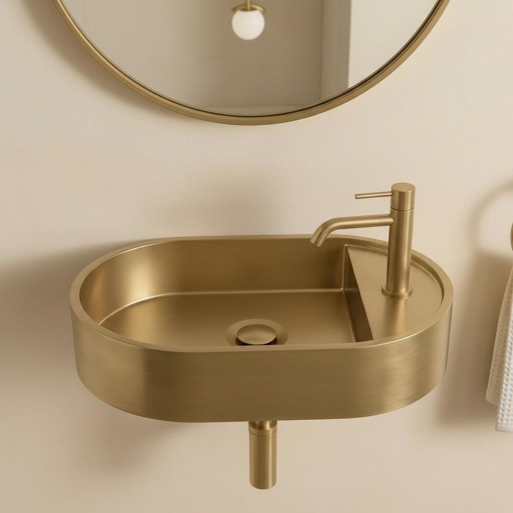 Antique Brass Sink, Wall Mounted Oval Washbasin - Minimalist Bathroom Vanity Basin, Powder Room Gold Floating Vessel Sink, Handmade Lavabo