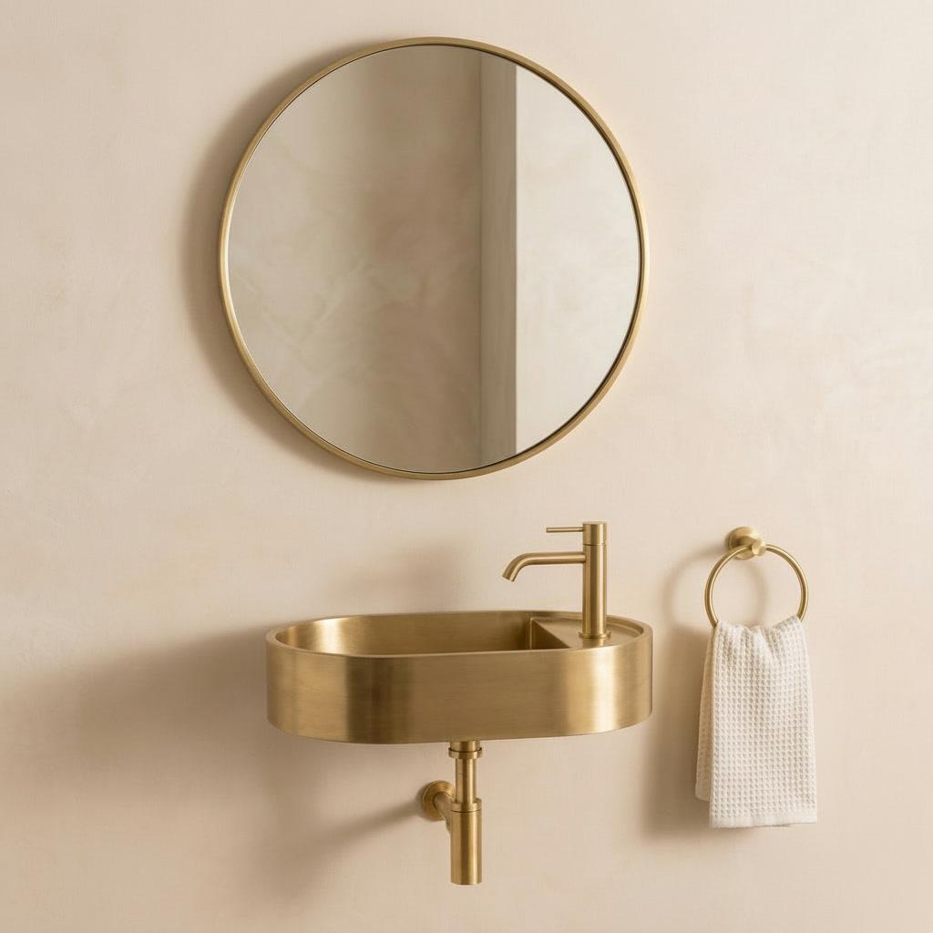 Antique Brass Sink, Wall Mounted Oval Washbasin - Minimalist Bathroom Vanity Basin, Powder Room Gold Floating Vessel Sink, Handmade Lavabo