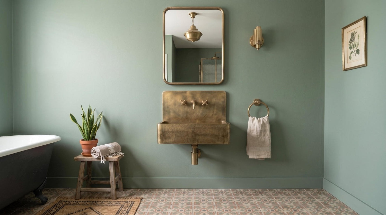 Antique Brass Wall Mounted Floating Sink, Smooth Rectangular Washbasin, Vintage Bathroom Vanity Basin, Rustic Sink