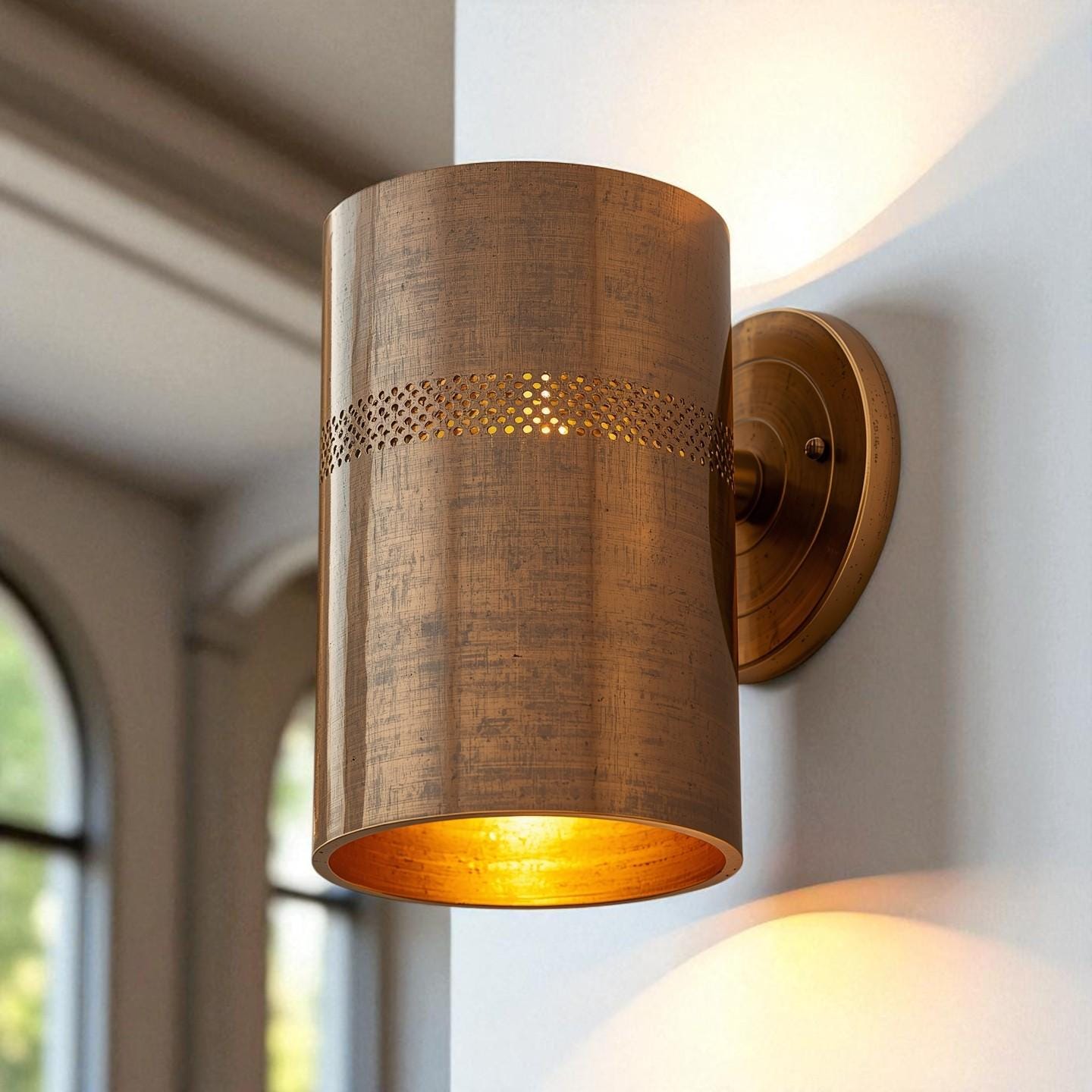 Antique Brass Wall Sconce - Perforated Cylinder Architectural Light