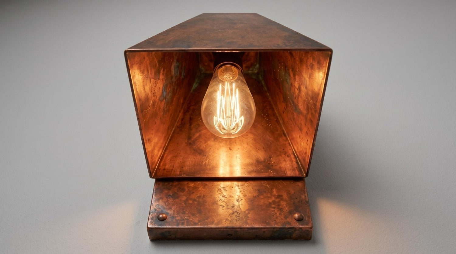 Antique Copper Outdoor Wall Sconce, Geometric Copper Wall Lamp, Industrial Exterior Lighting, Mid Century Modern Indoor Sconce
