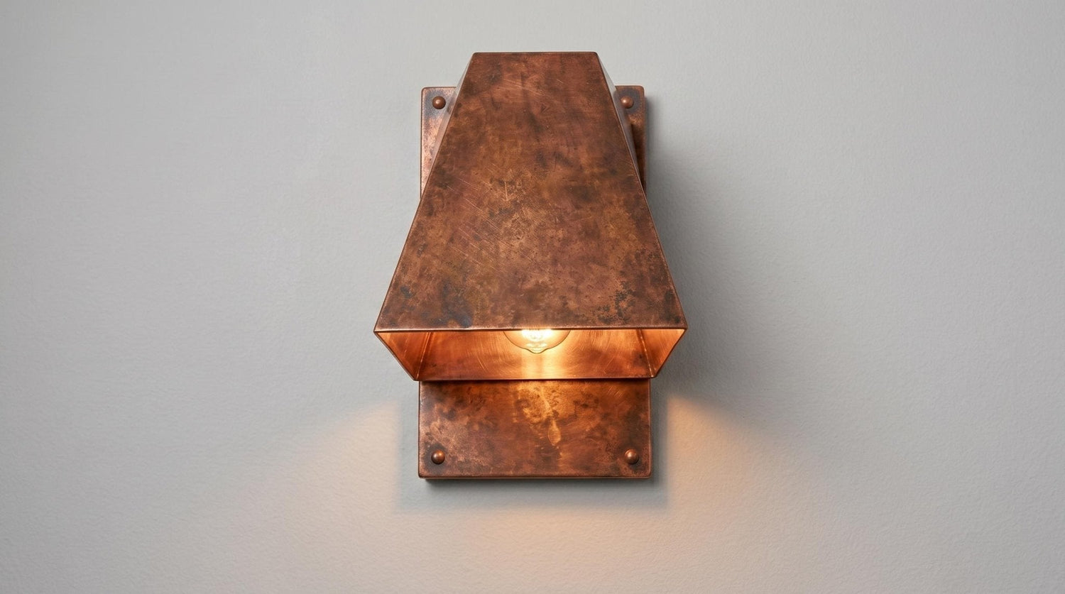 Antique Copper Outdoor Wall Sconce, Geometric Copper Wall Lamp, Industrial Exterior Lighting, Mid Century Modern Indoor Sconce