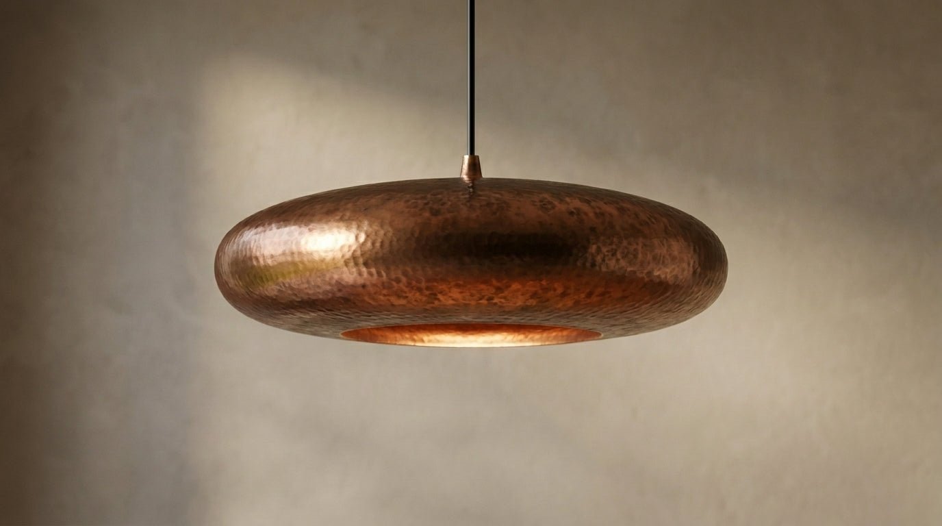 Antique Copper Oxidized Pendant Light - Hand Hammered Saucer Hanging