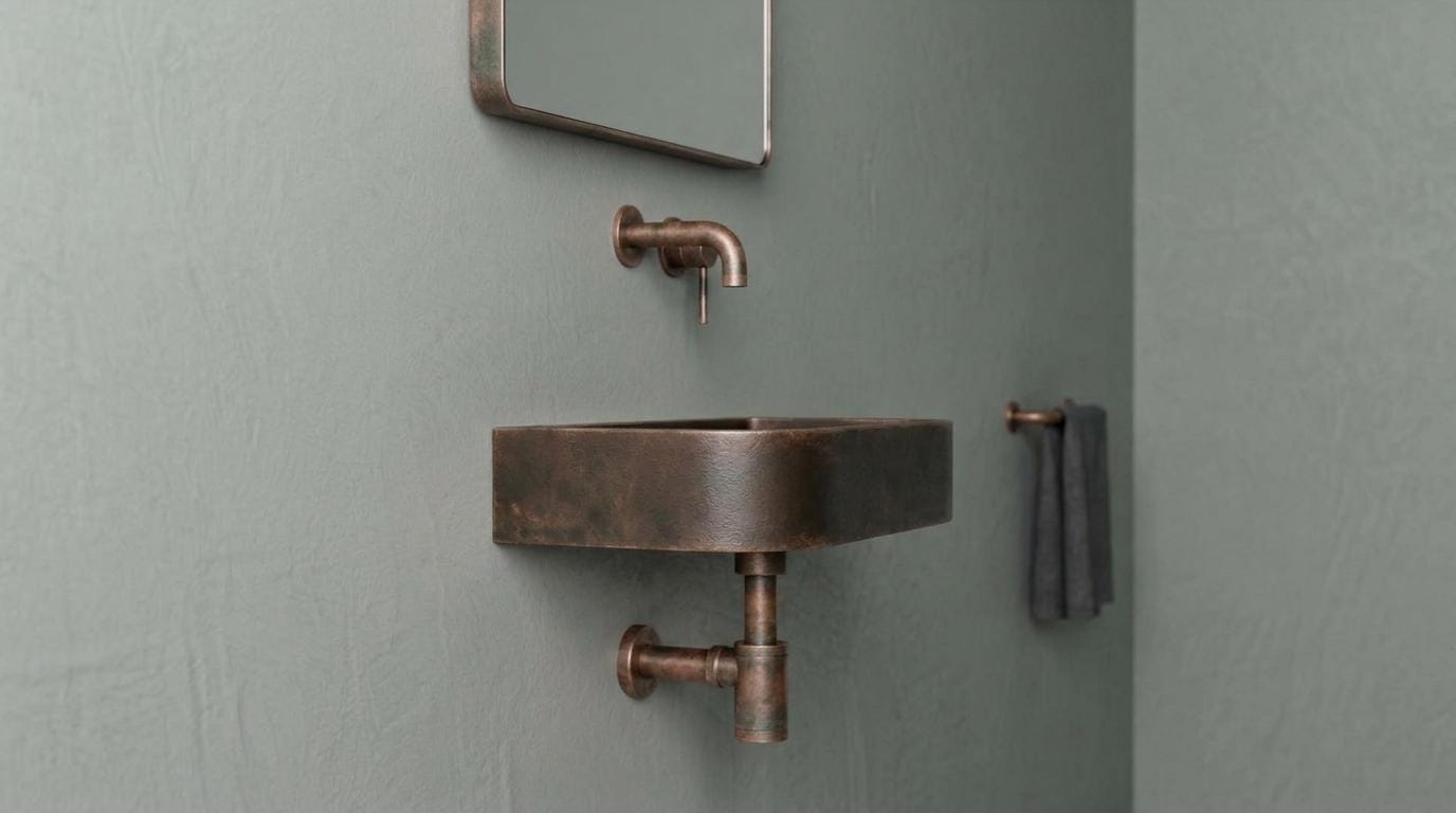 Antique Dark Copper Sink, Wall Mount Smooth Basin - Oil Rubbed Floating Washbasin, Wabi Sabi Bathroom Sink, Smooth Powder Room Sink