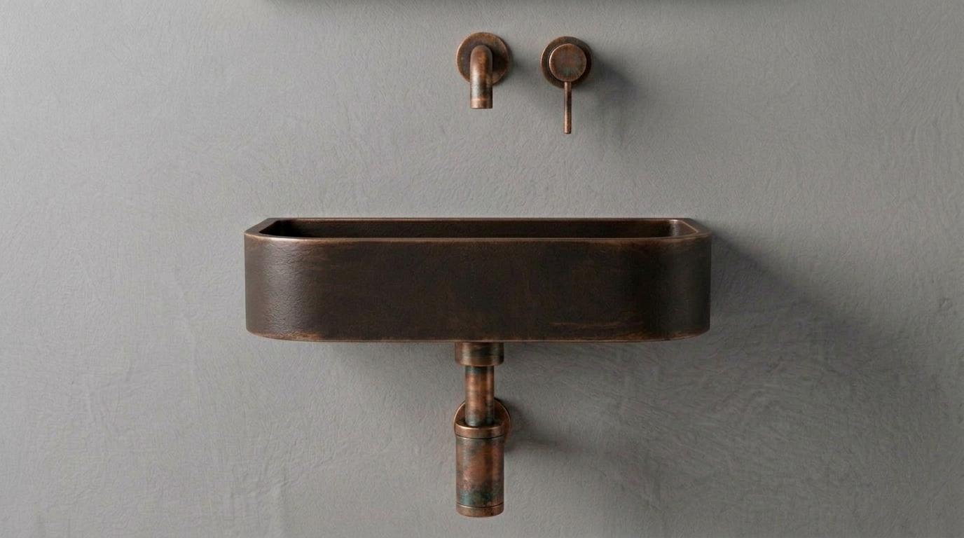 Antique Dark Copper Sink, Wall Mount Smooth Basin - Oil Rubbed Floating Washbasin, Wabi Sabi Bathroom Sink, Smooth Powder Room Sink