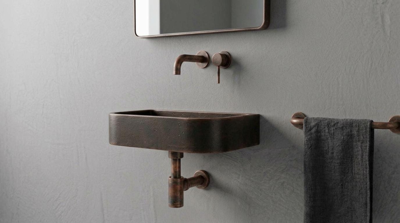 Antique Dark Copper Sink, Wall Mount Smooth Basin - Oil Rubbed Floating Washbasin, Wabi Sabi Bathroom Sink, Smooth Powder Room Sink