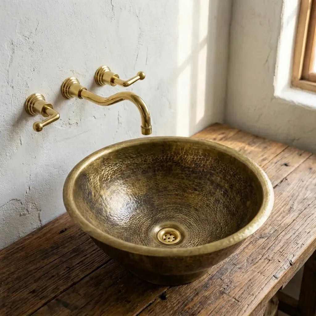 Antique Hammered Brass Vessel Sink Top Mount Bathroom Vanity