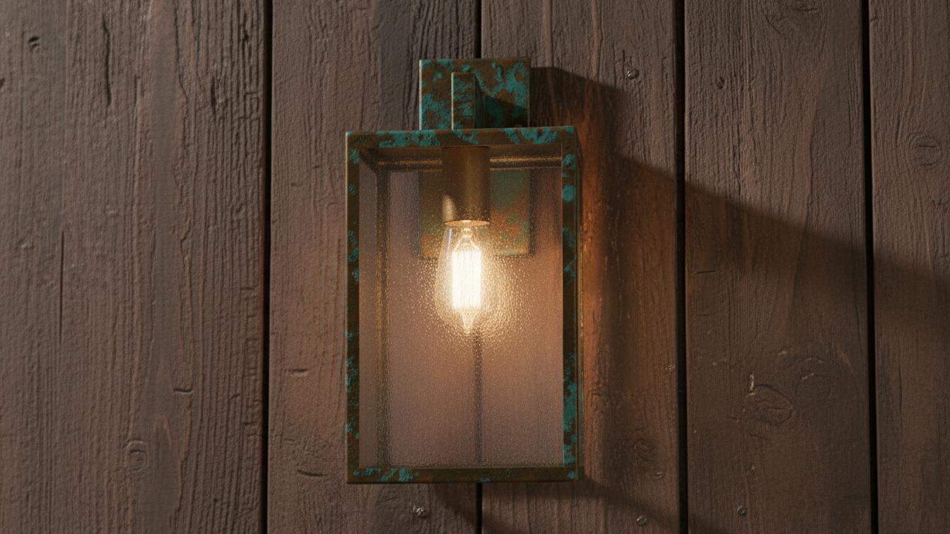 Antique Verdigris Brass Box Lantern - Outdoor Wall Sconce