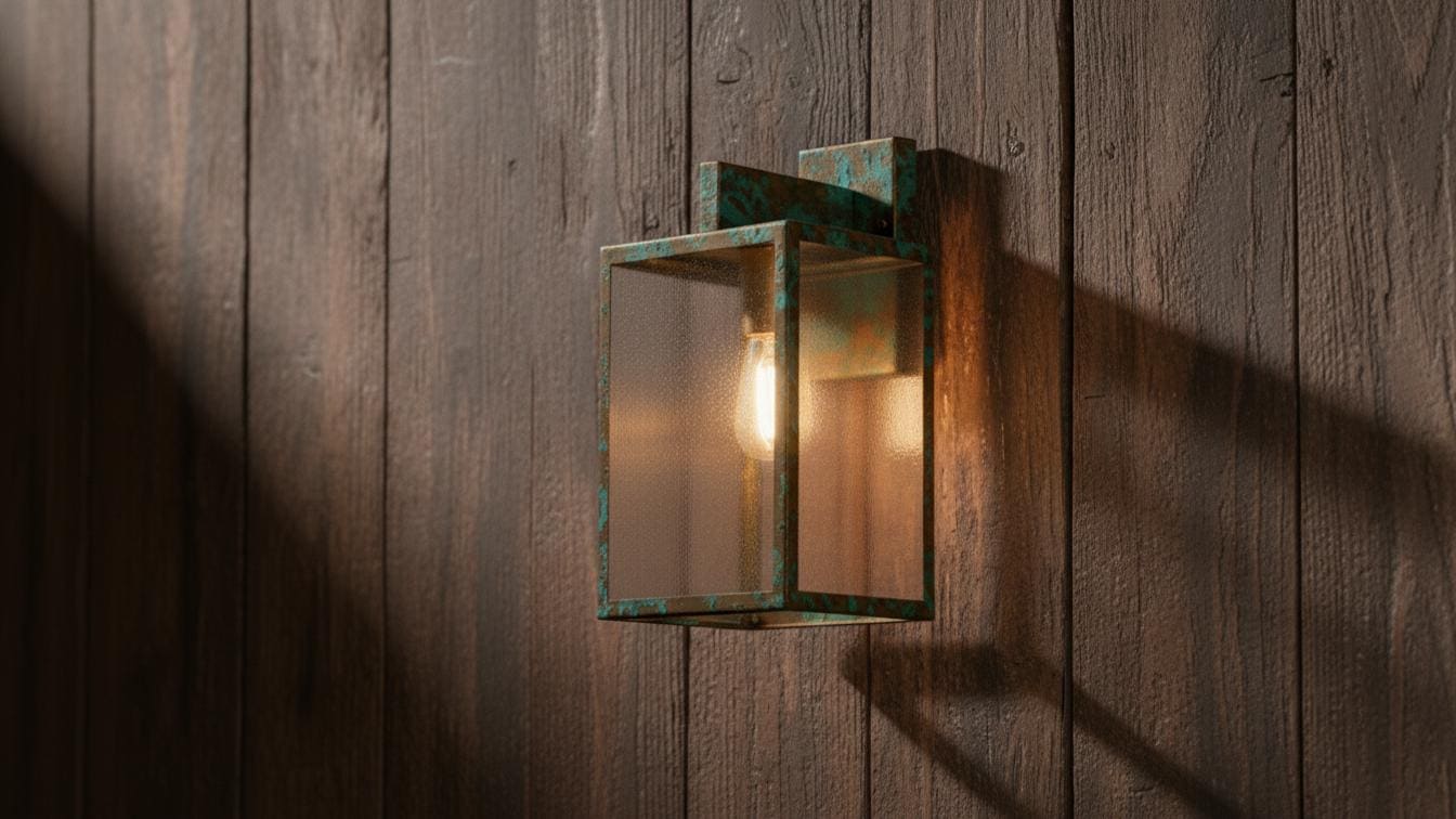 Antique Verdigris Brass Box Lantern - Outdoor Wall Sconce