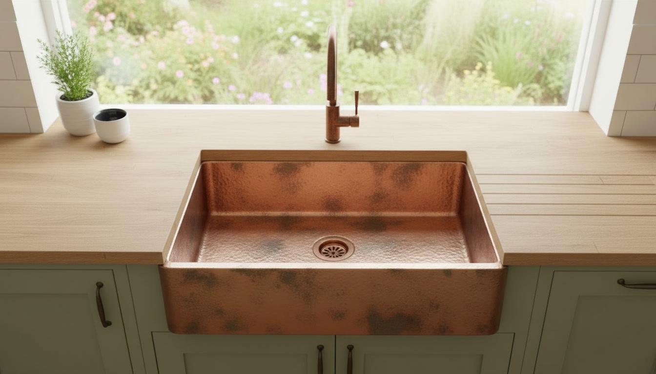 Apron Front Antique Copper Kitchen Basin - Hand-Hammered Vessel Sink