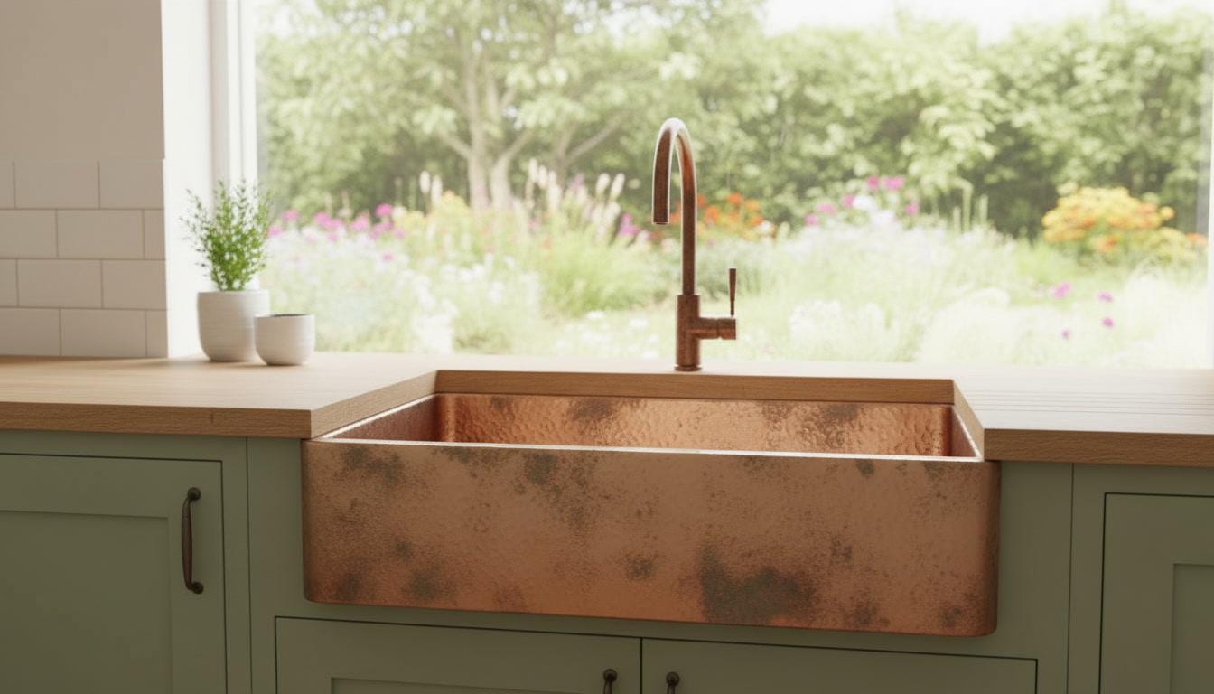 Apron Front Antique Copper Kitchen Basin - Hand-Hammered Vessel Sink