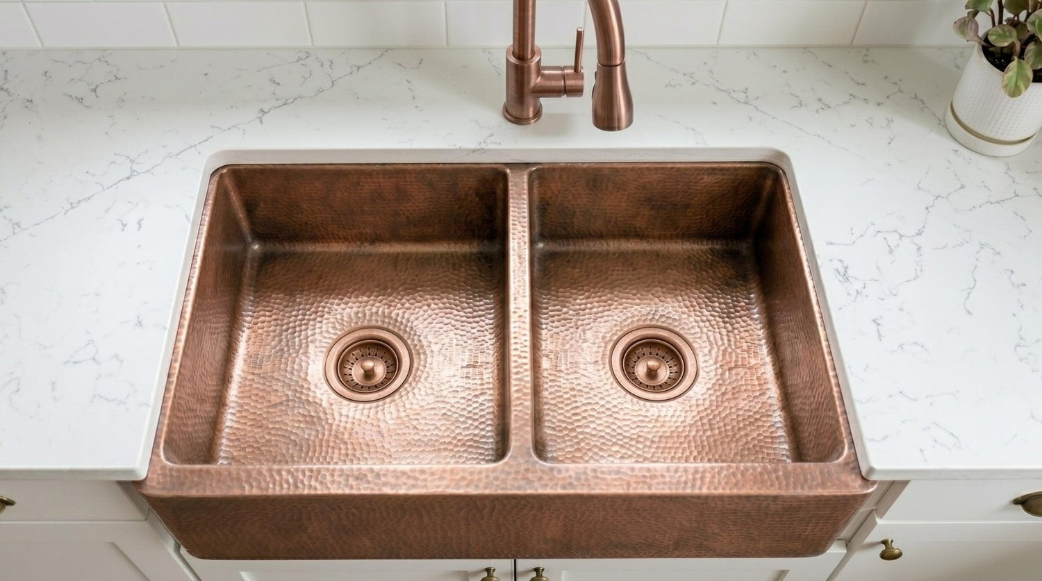 Artisan Antique Copper Kitchen Sink - Hand Hammered Double Bowl Farmhouse Basin - Rustic Apron Front Copper Sink