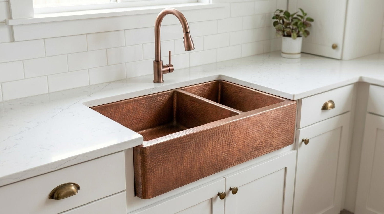 Artisan Antique Copper Kitchen Sink - Hand Hammered Double Bowl Farmhouse Basin - Rustic Apron Front Copper Sink