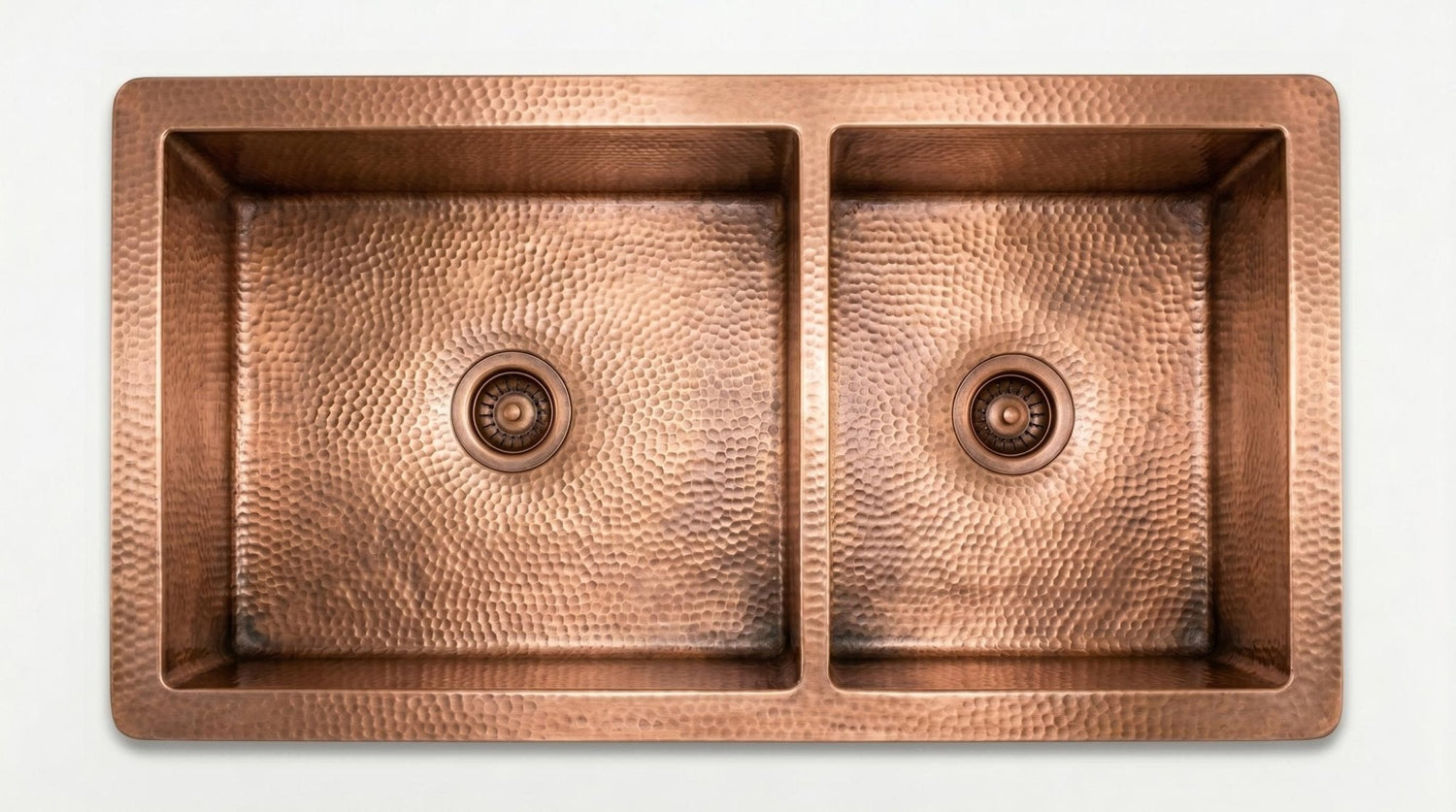 Artisan Antique Copper Kitchen Sink - Hand Hammered Double Bowl Farmhouse Basin - Rustic Apron Front Copper Sink