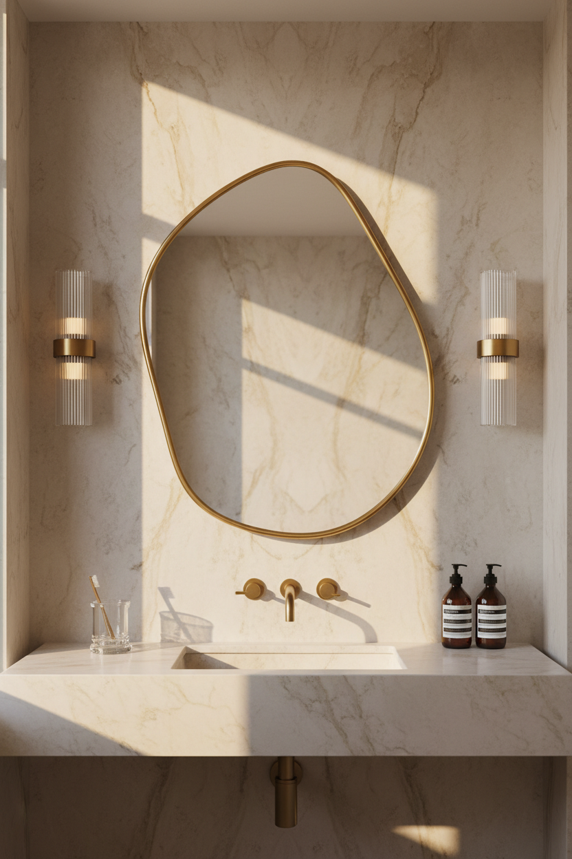 Varaudu Asymmetrical Brass Mirror Handmade Wall Mirror - Antique Brass Bathroom Mirror, Vanity Wall Decor