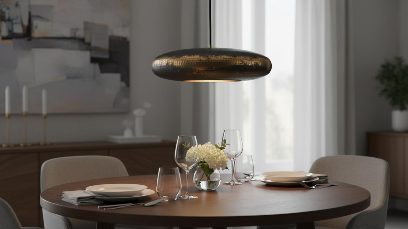 Black Patina Brass Pendant Light - Hammered Saucer Hanging Lamp