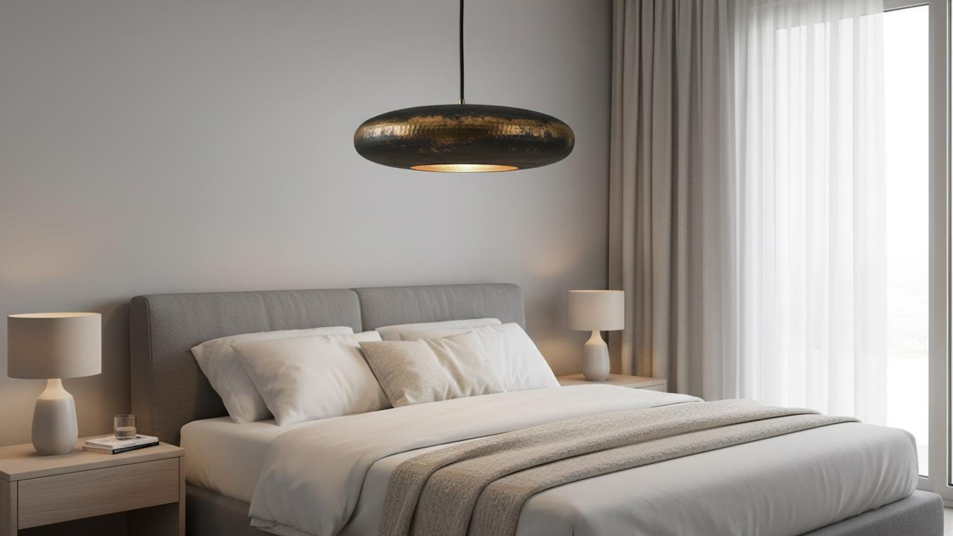 Black Patina Brass Pendant Light - Hammered Saucer Hanging Lamp