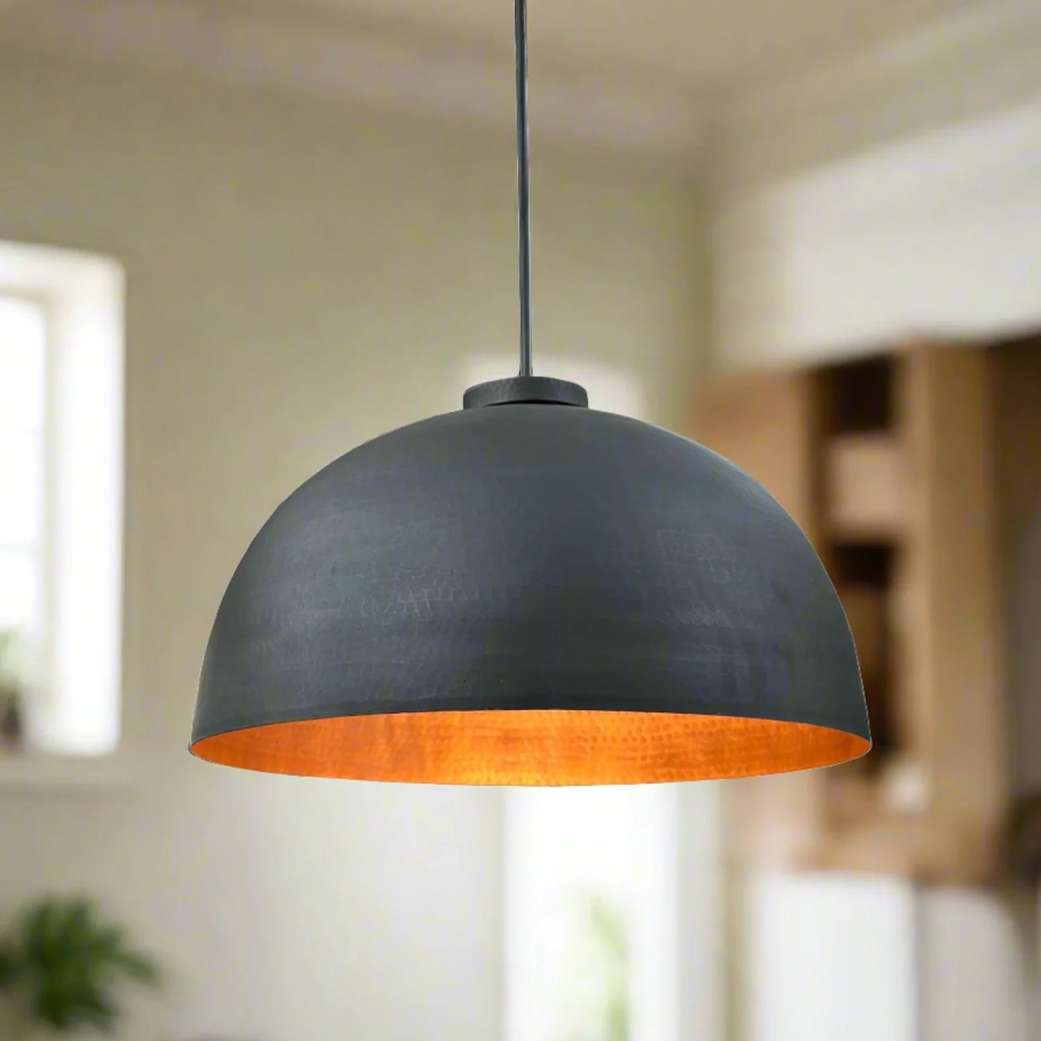 Copper Hanging Light, Black Dome Pendant Lamp