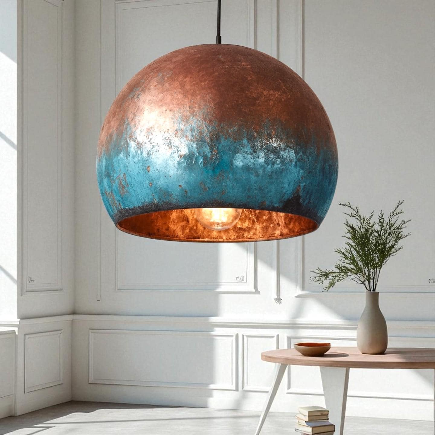 Blue Patina Copper Pendant Light: Handmade Hammered Dome Lamp