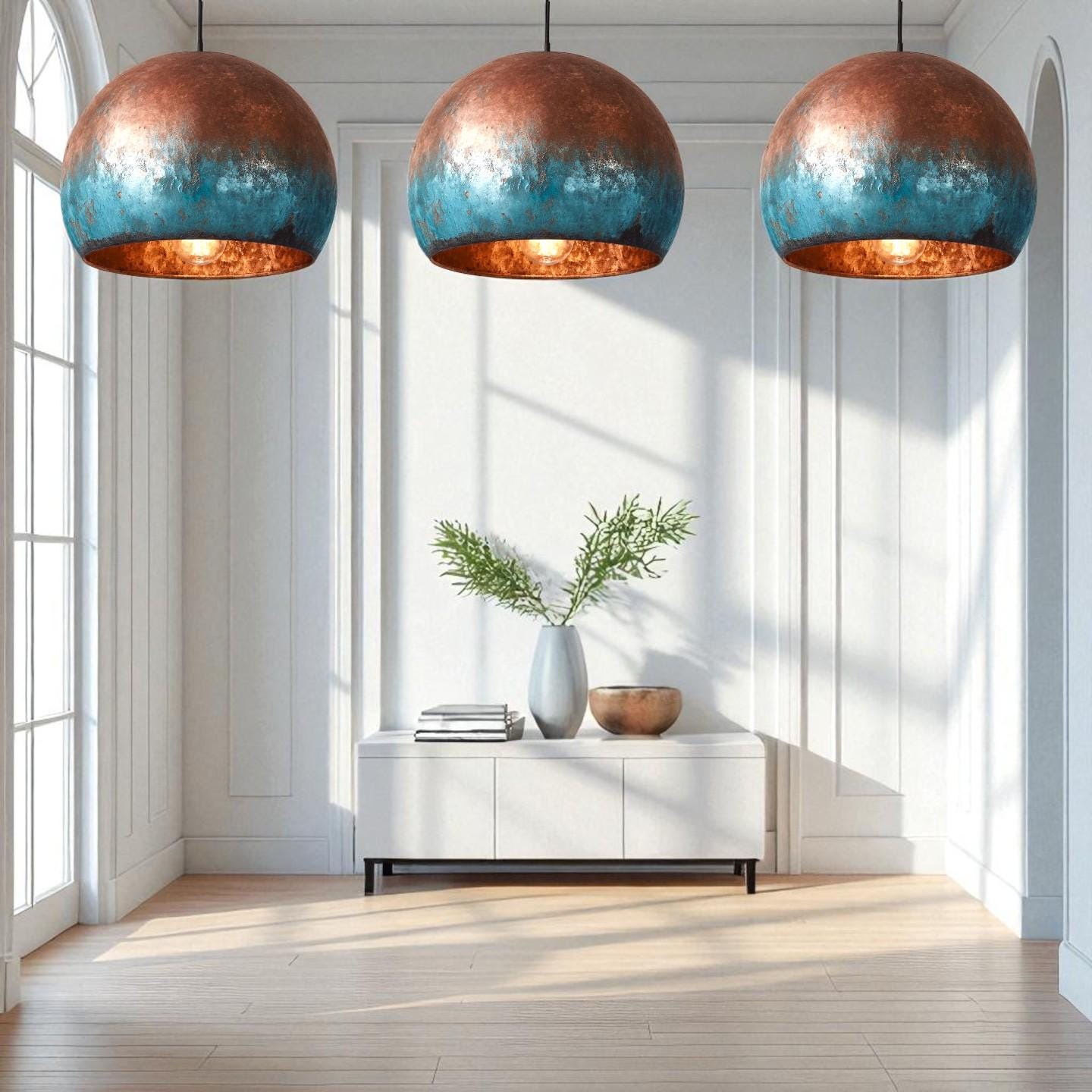 Blue Patina Copper Pendant Light: Handmade Hammered Dome Lamp